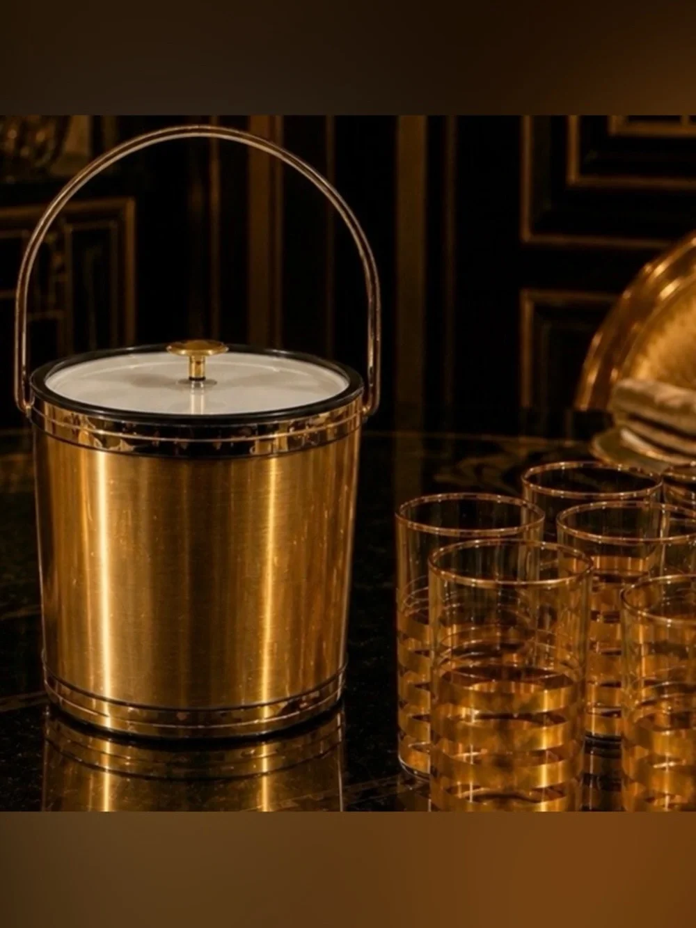 Mid-Century Modern Vintage Gold Ice Bucket Elegance Kraftware NJ Fine Art Deco